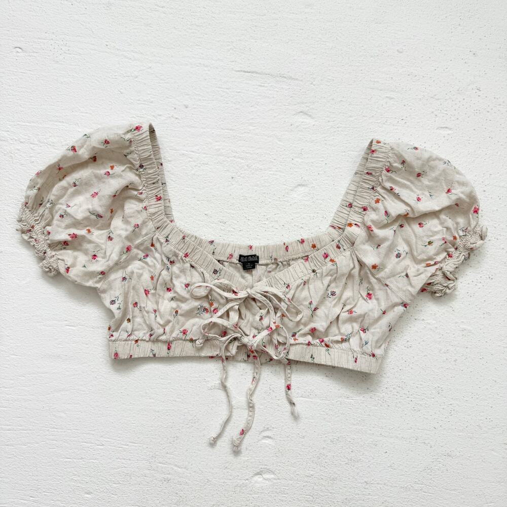 Wild Fable Linen Blend Floral Tie Front Crop Top, Size Small